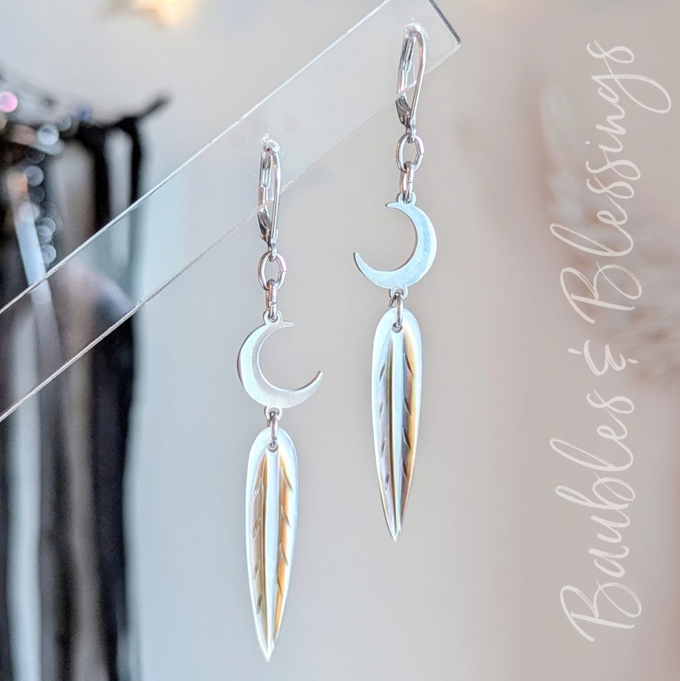 Stainless Crescent Moon Earrings with Shell Feathers