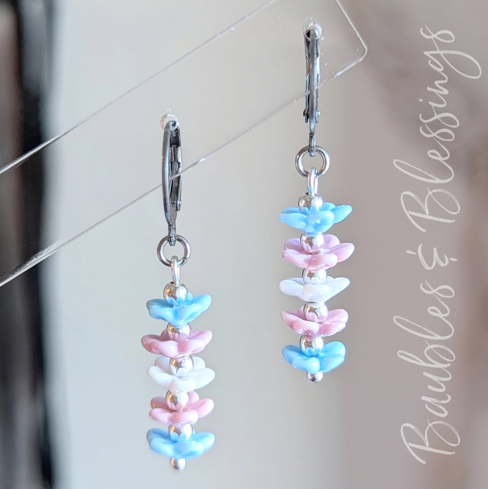Sweet Trans Pride Earrings with Handmade Flowers