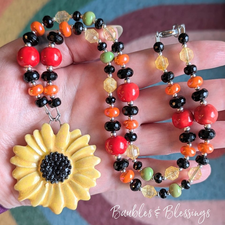 Sunflower Necklace with Colorful Handmade Beads