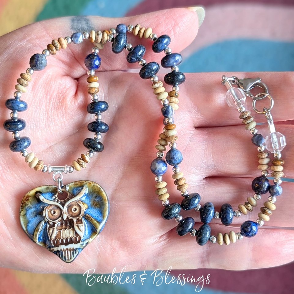 Owl Necklace with Picture Jasper & Dumortierite 