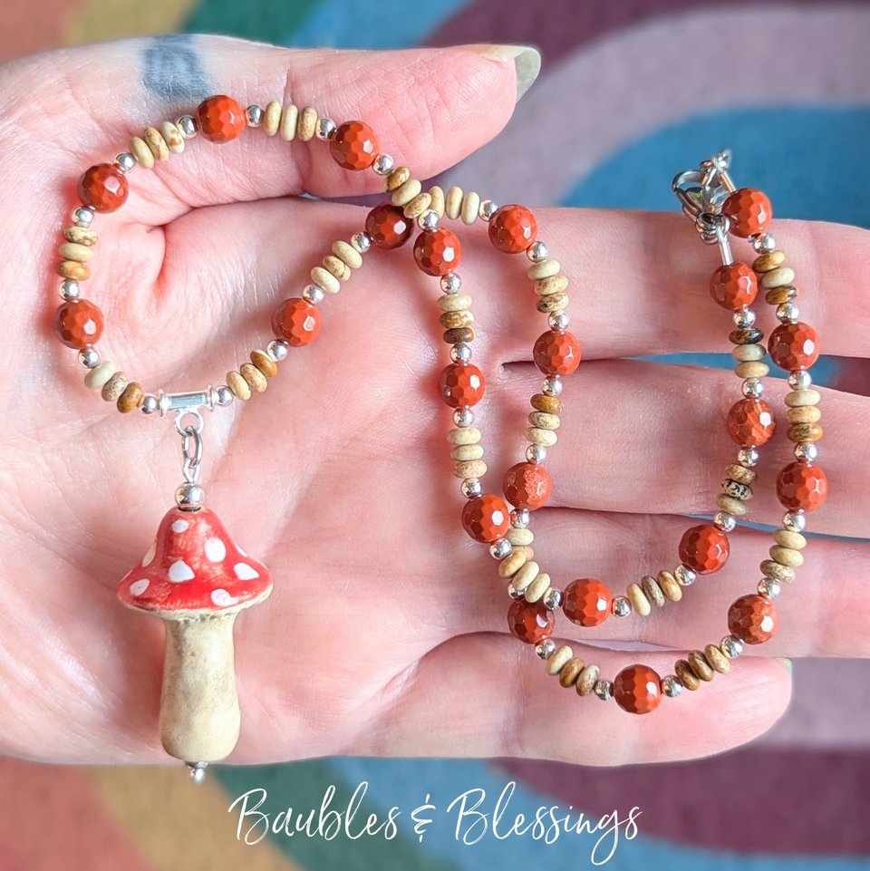Sweet Mushroom Necklace with Earthy Jasper Beads 