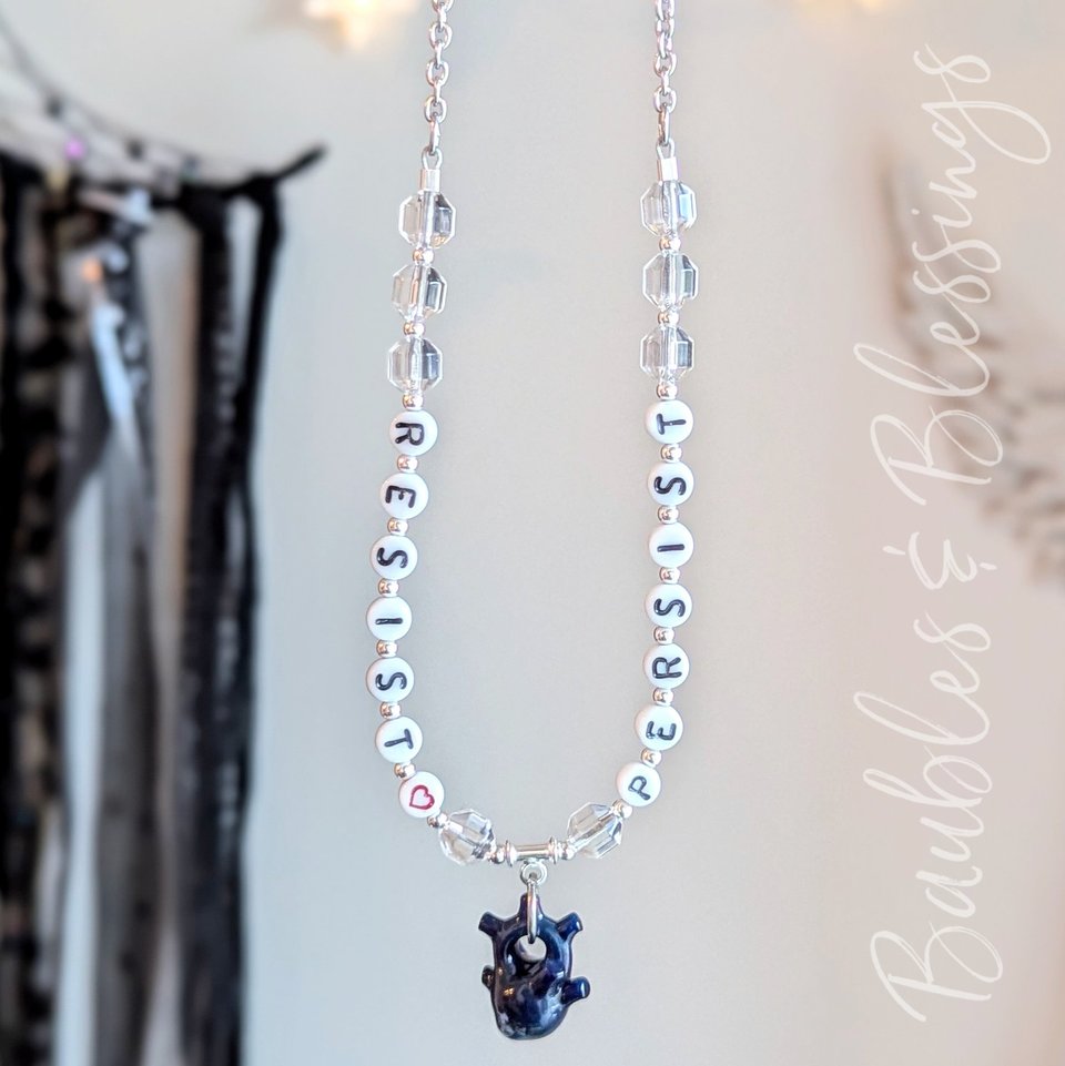 RESIST! PERSIST! Necklace with Mini Blue Anatomical Heart