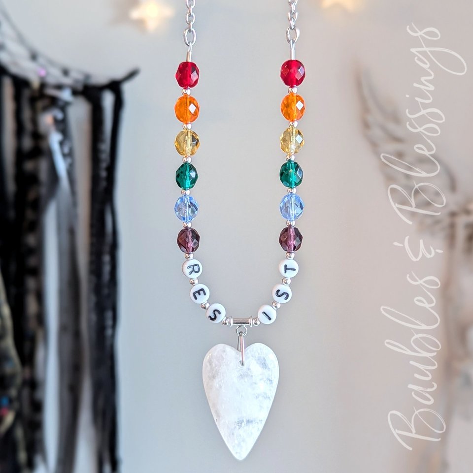 RESIST! Necklace with Rainbow Beads & Quartz Heart