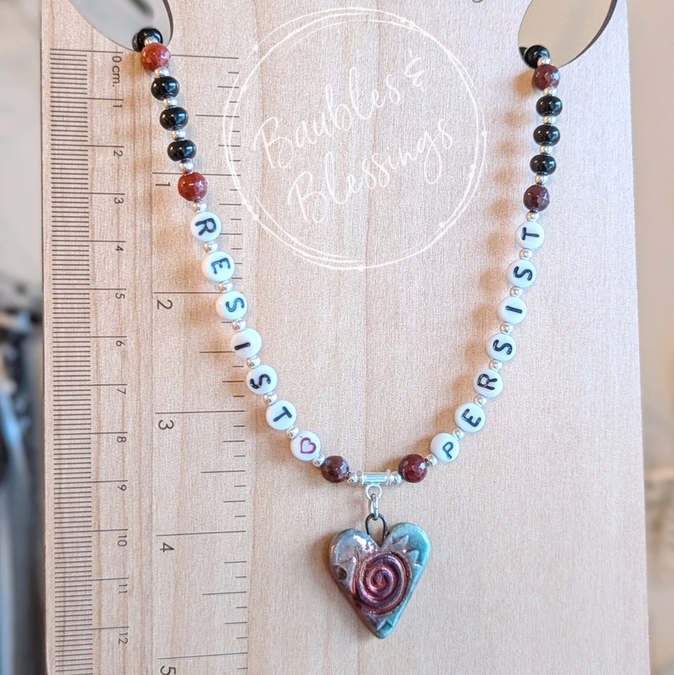RESIST! PERSIST! Necklace with Onyx & Apple Jasper