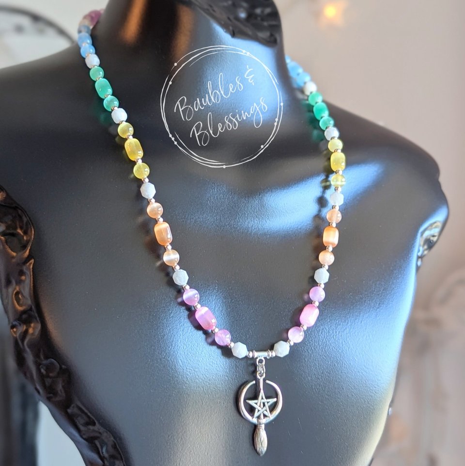 Witchy Broom Necklace with Rainbow Selenite & Moonstone