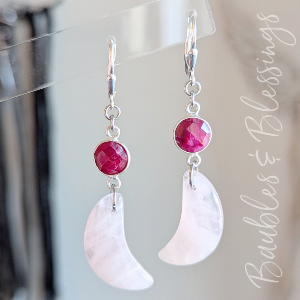 Rose Quartz Crescent Moon Earrings with Rubies