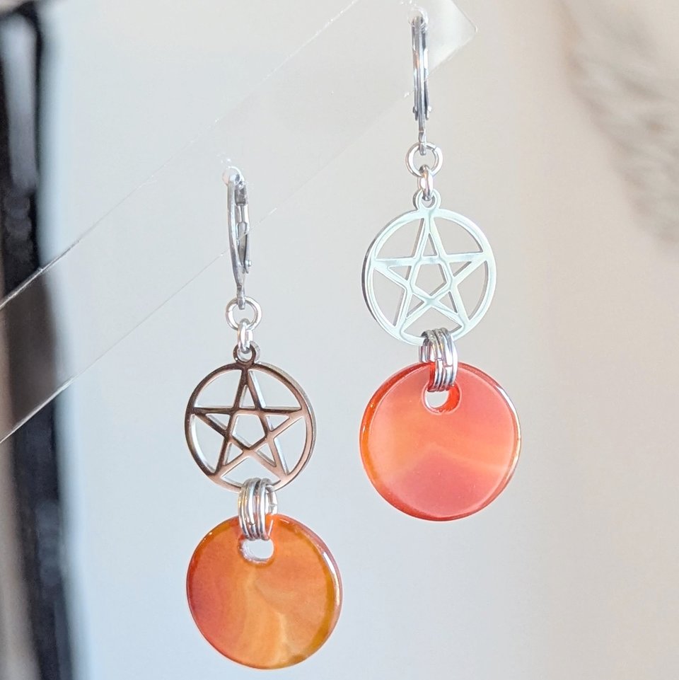 Pentagram Earrings with Red Agate Charms