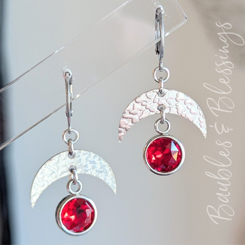 Crescent Moon Earrings with Light Red Crystals