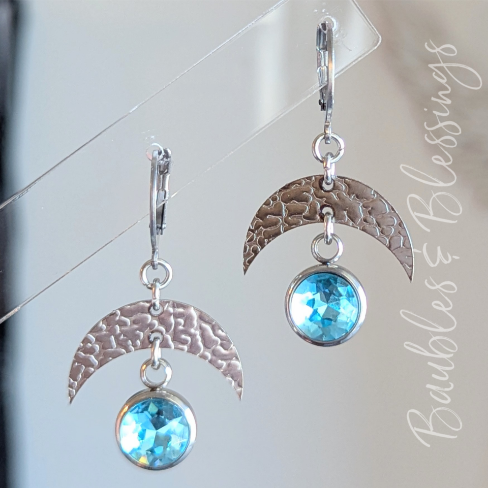 Crescent Moon Earrings with Light Aqua Crystals