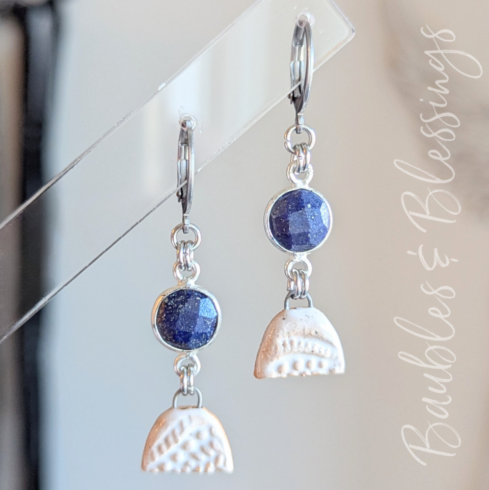Petite Abstract Ceramic Earrings with Lapis Lazuli