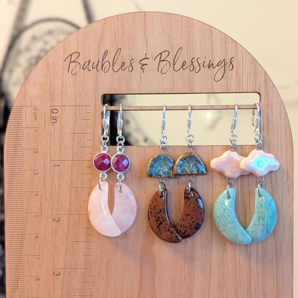 Mahogany Obsidian Moon & Ceramic Earrings