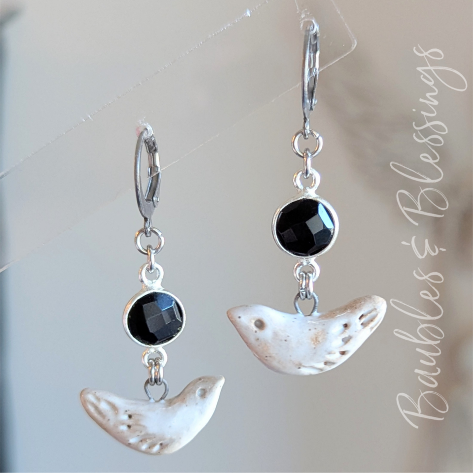 Petite Ceramic Bird Earrings with Onyx Gems