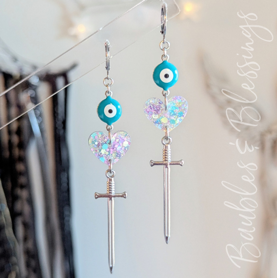 Evil Eye Earrings with Pastel Confetti Hearts & Swords