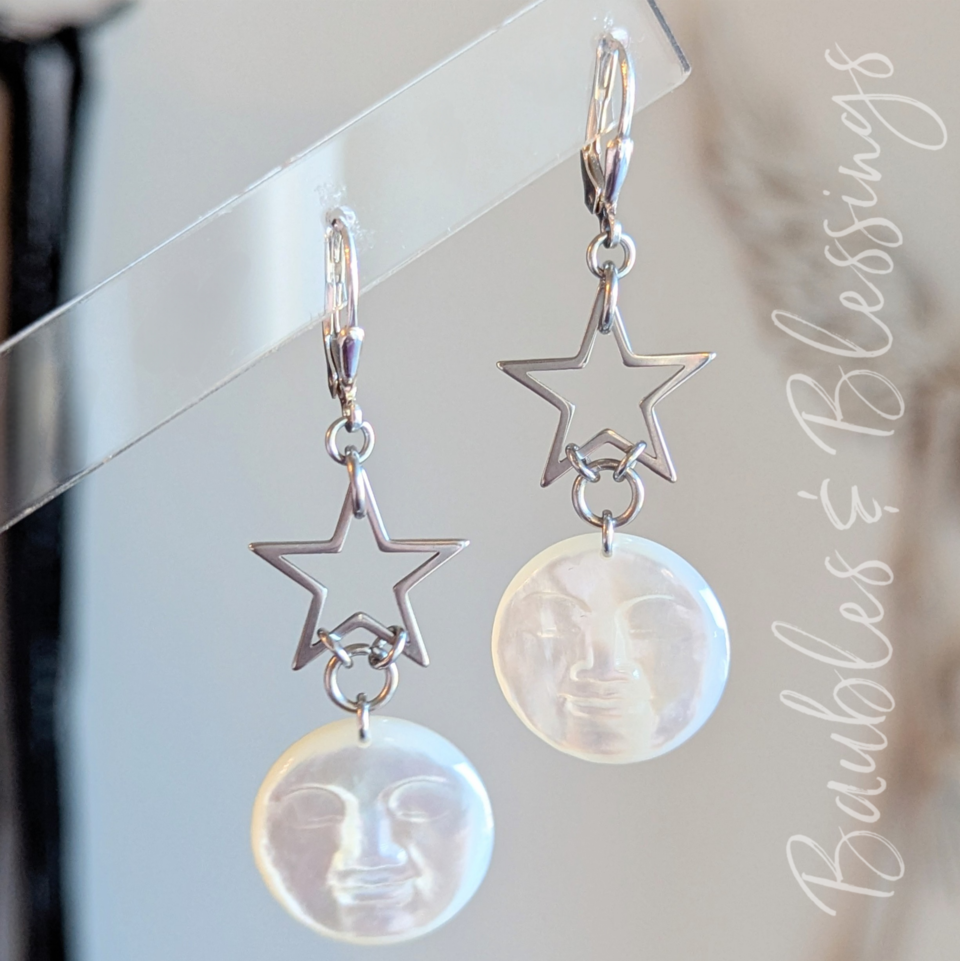 Mother of Pearl & Stainless Moon & Star Earrings 