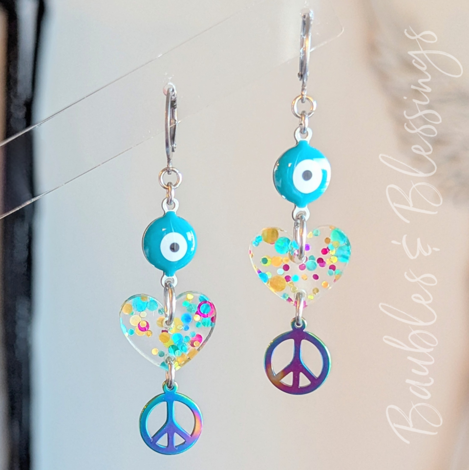 Evil Eye Earrings with Confetti Hearts & Peace Signs