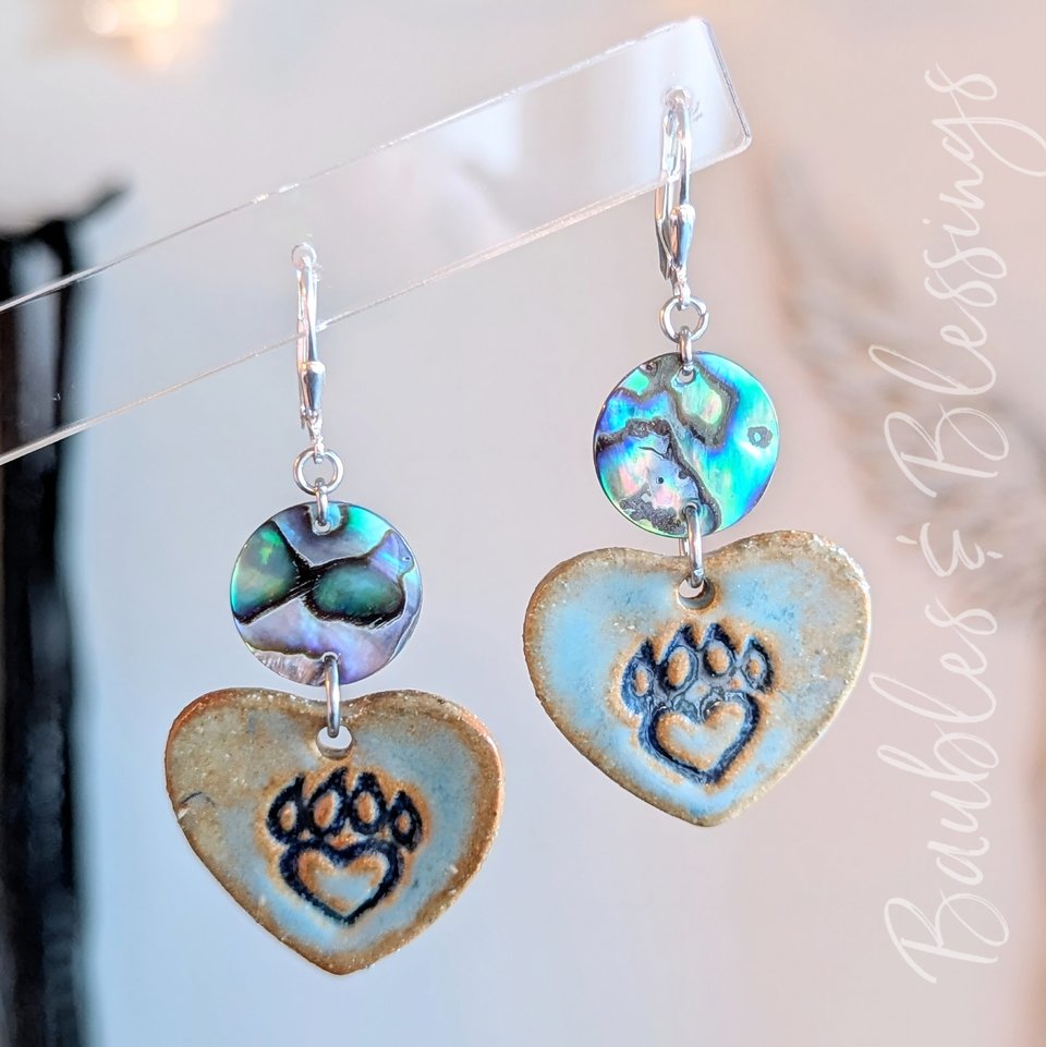 Earthy Paw Print Earrings with Abalone Shell