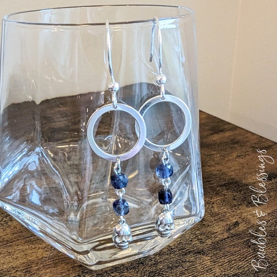 Elegant Iolite & Sterling Silver Skull Earrings