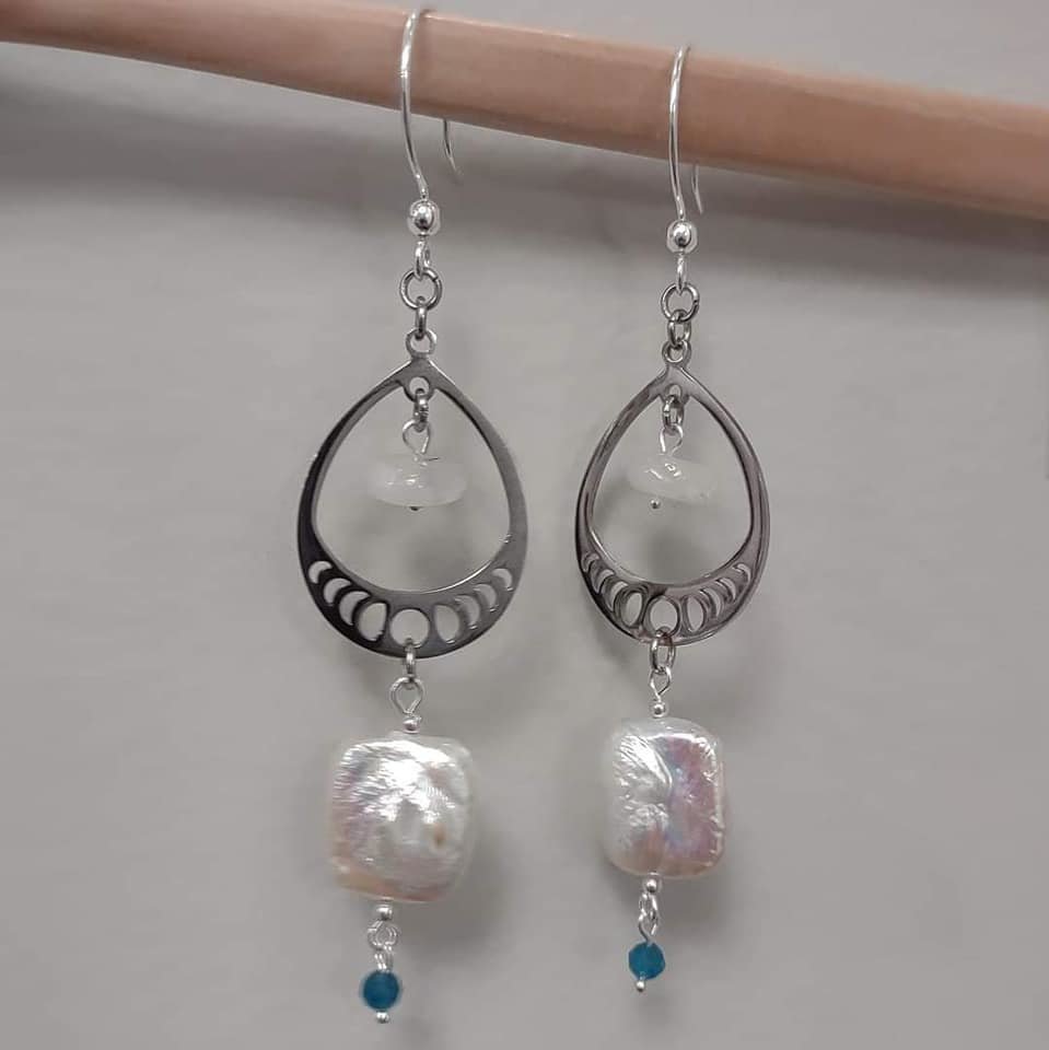 Hammered Stainless Steel & Amazonite Crescent Moon Earrings