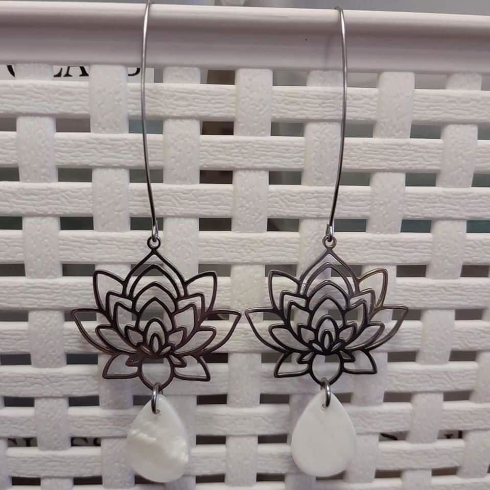 Stainless Steel Lotus & Mother of Pearl Teardrop Earrings