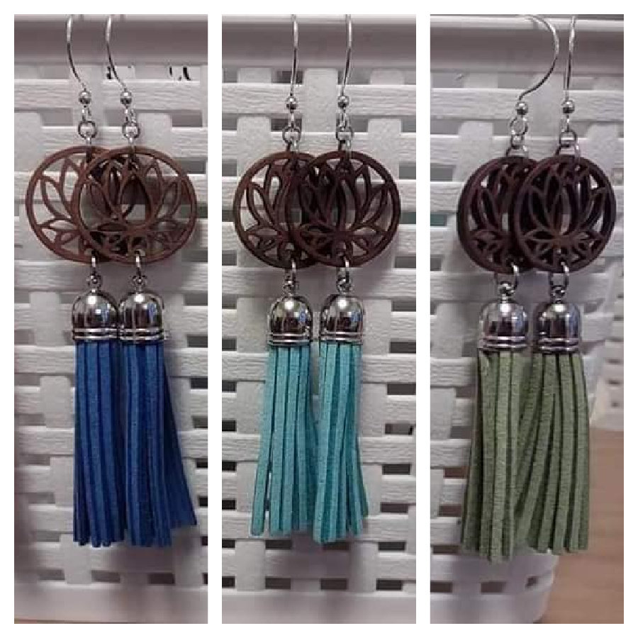 Microsuede Tassel Earrings with Wooden Lotuses