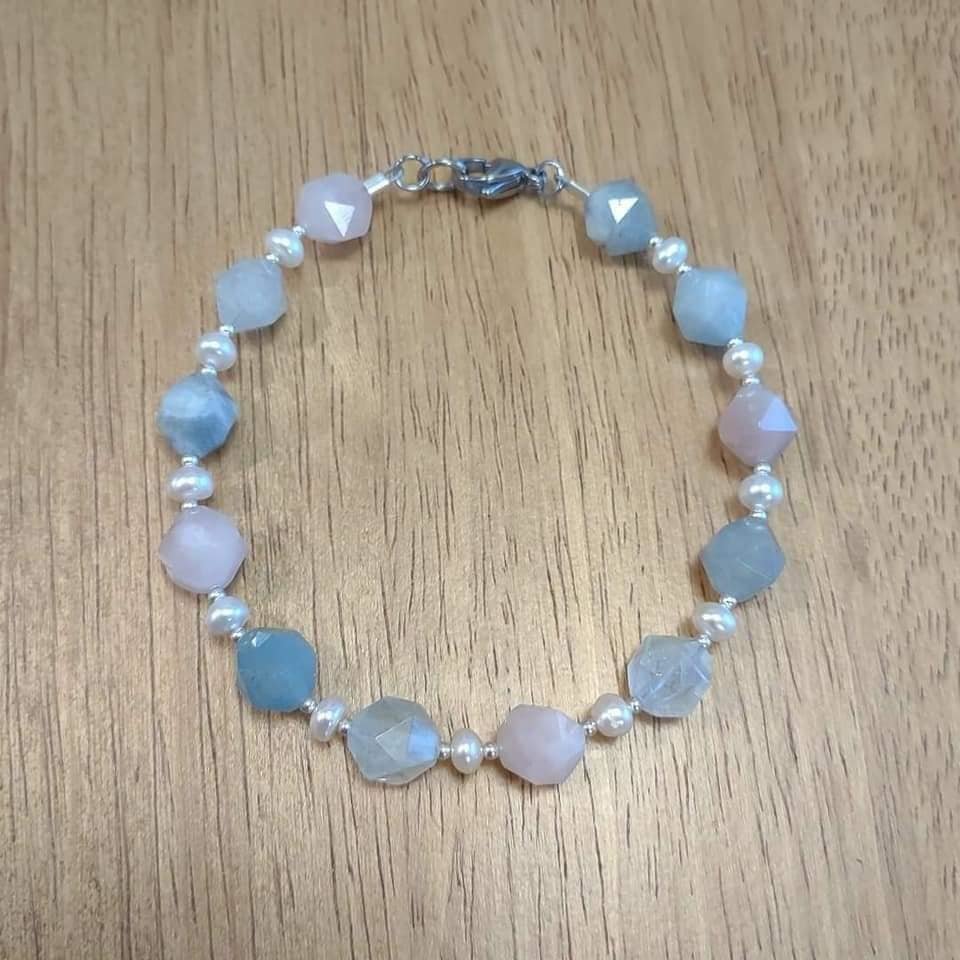 Aquamarine, Morganite & Freshwater Pearl Bracelet