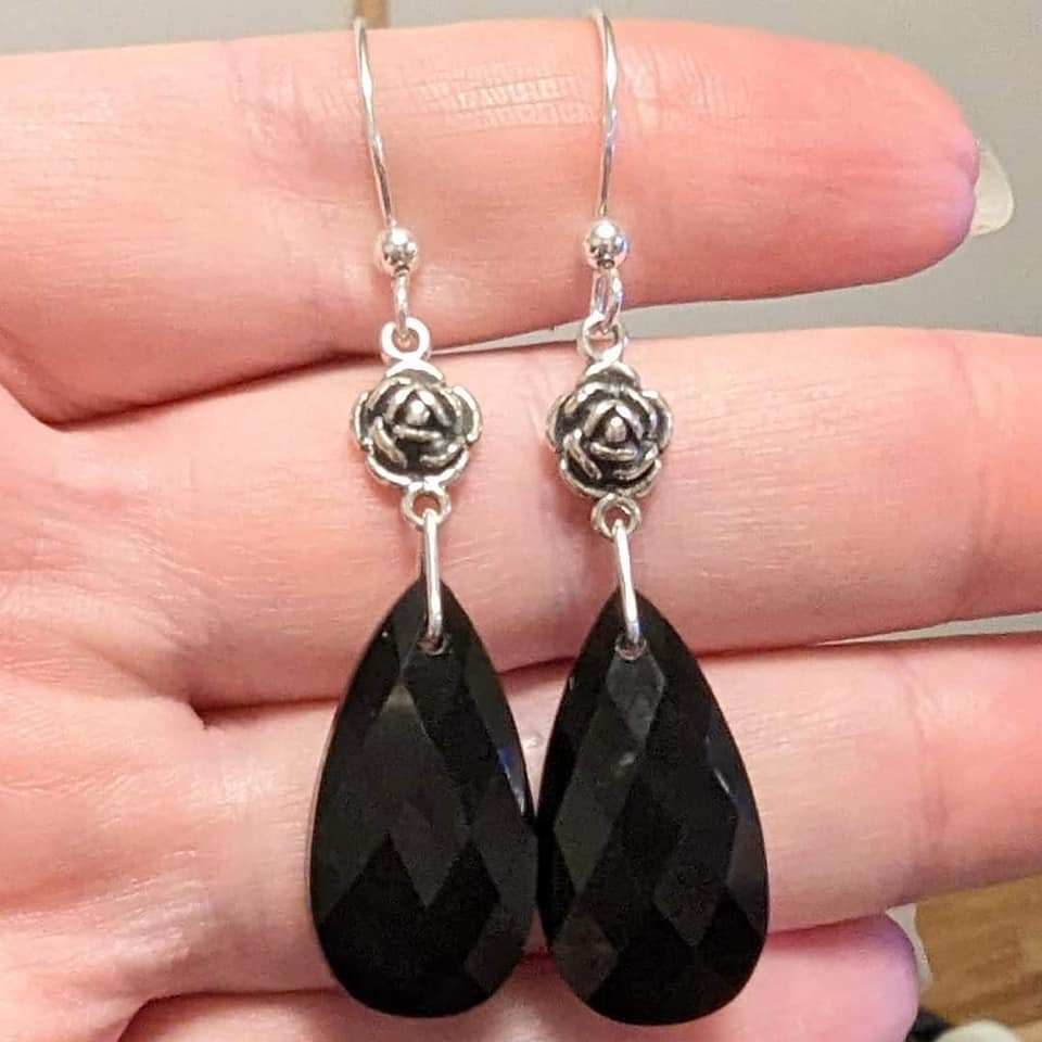 Sterling Silver Rose Earrings with Obsidian