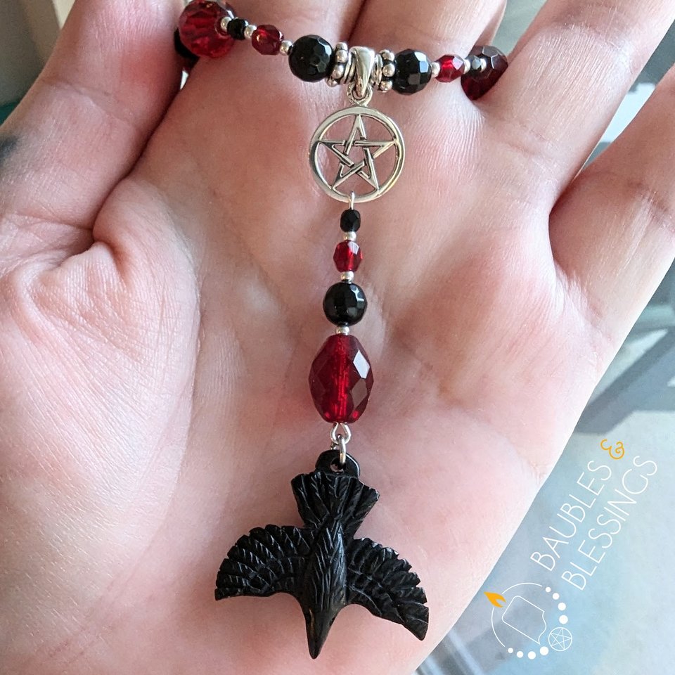 Witchy Raven Necklace with Czech Glass & Onyx