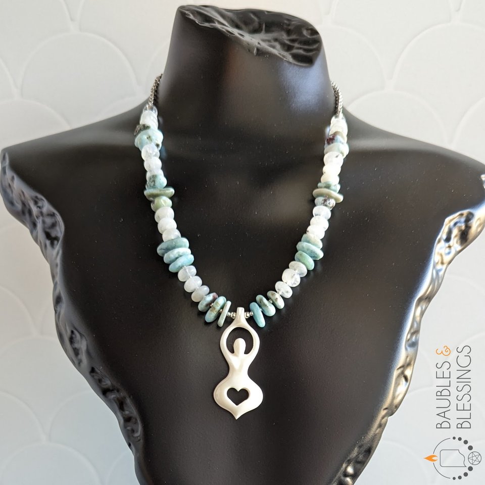 Goddess Necklace with Larimar, Moonstone & Bone
