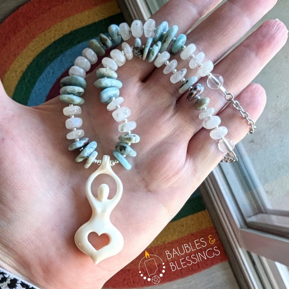 Goddess Necklace with Larimar, Moonstone & Bone