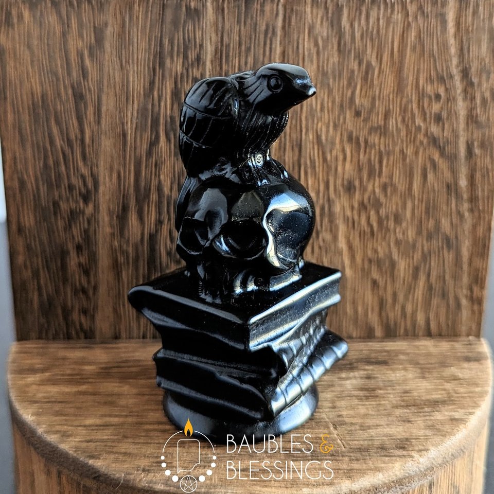 Obsidian Raven on Skull & Books