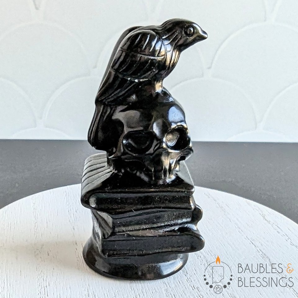 Obsidian Raven on Skull & Books