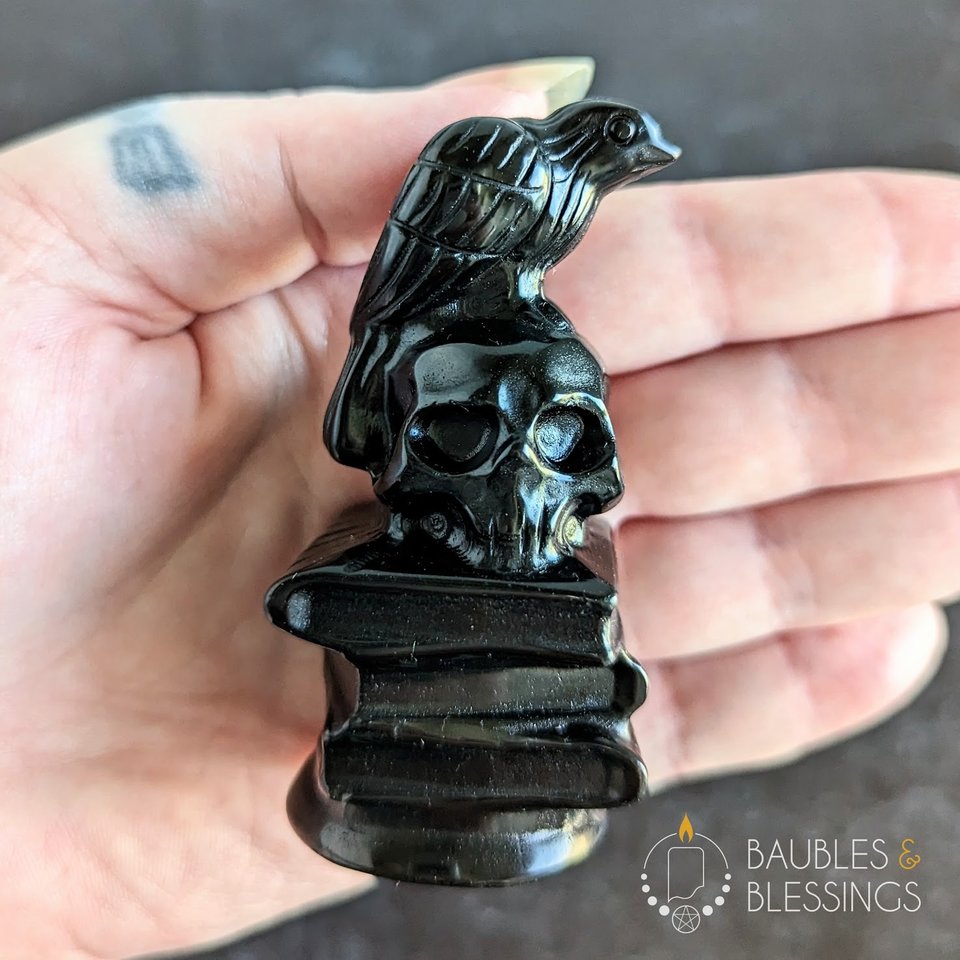 Obsidian Raven on Skull & Books