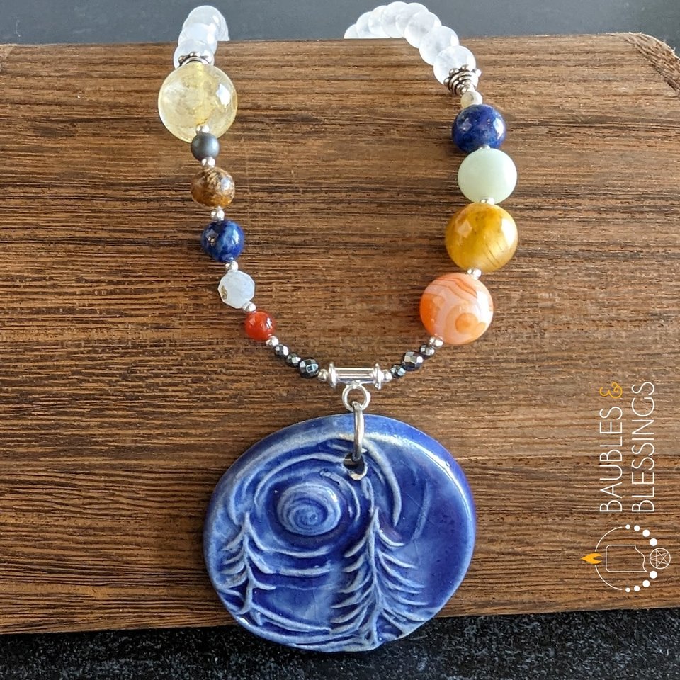 Solar System Necklace with Rainbow Moonstone & Beadfreaky Pendant