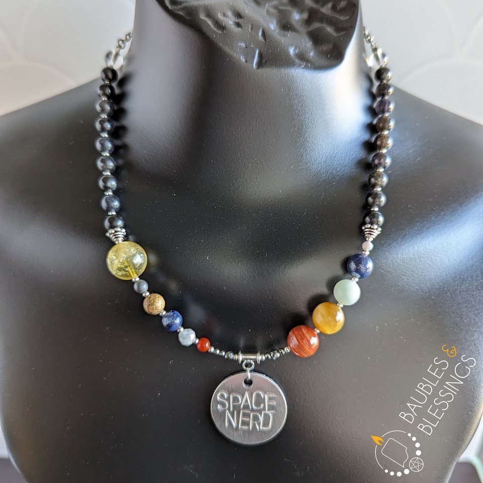 Solar System Necklace with Iolite & Hand-Stamped "Space Nerd" Pendant