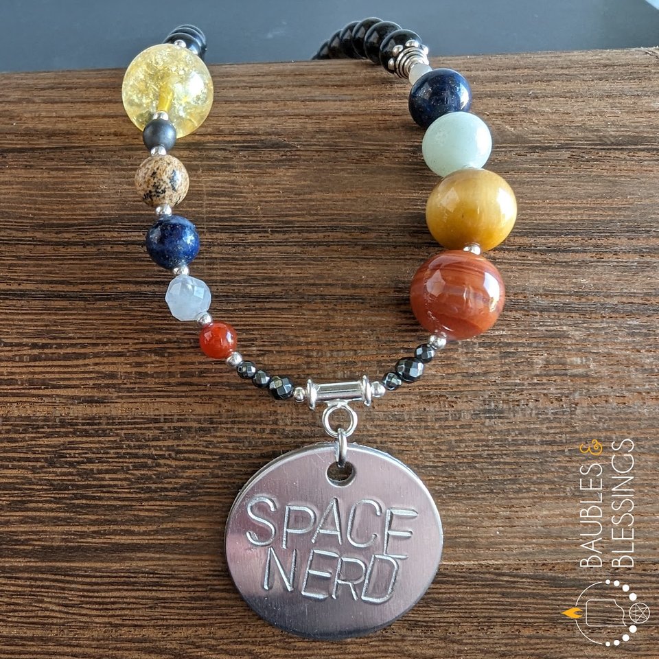 Solar System Necklace with Iolite & Hand-Stamped "Space Nerd" Pendant