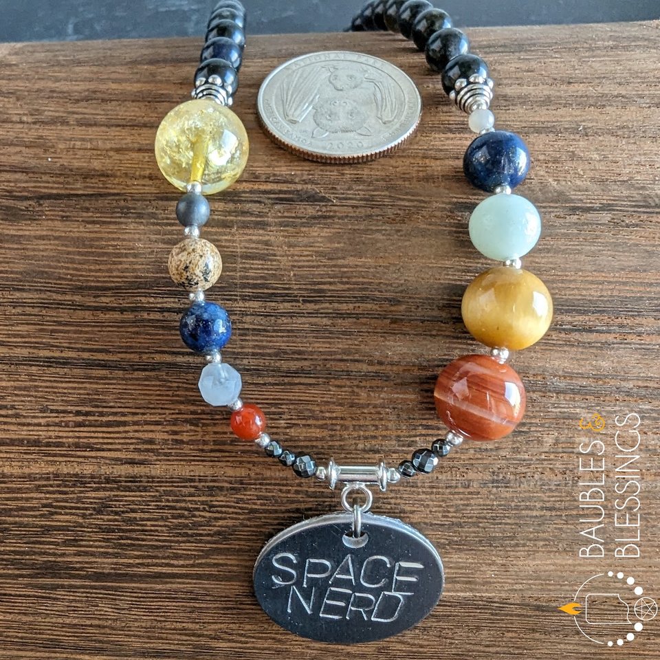Solar System Necklace with Iolite & Hand-Stamped "Space Nerd" Pendant