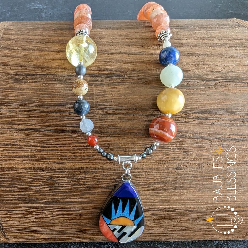 Solar System Necklace with Chunky Sunstone & Mother of Pearl Pendant