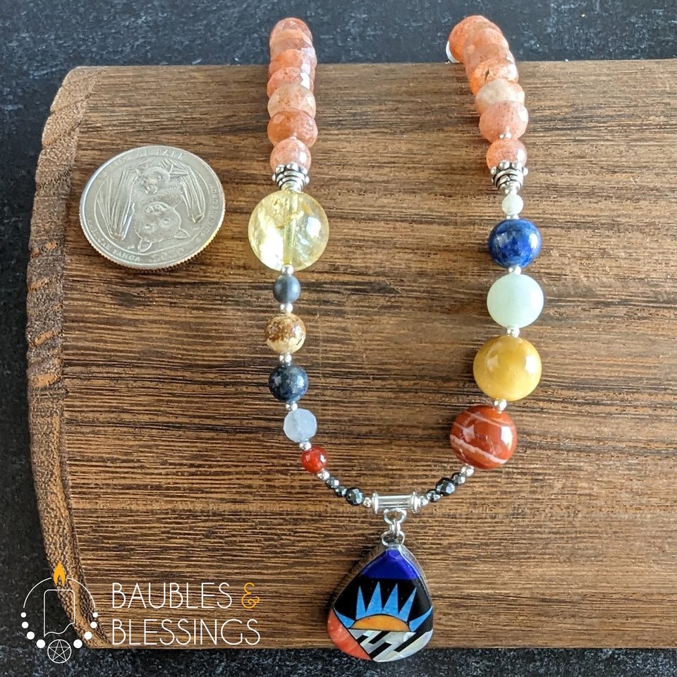 Solar System Necklace with Chunky Sunstone & Mother of Pearl Pendant