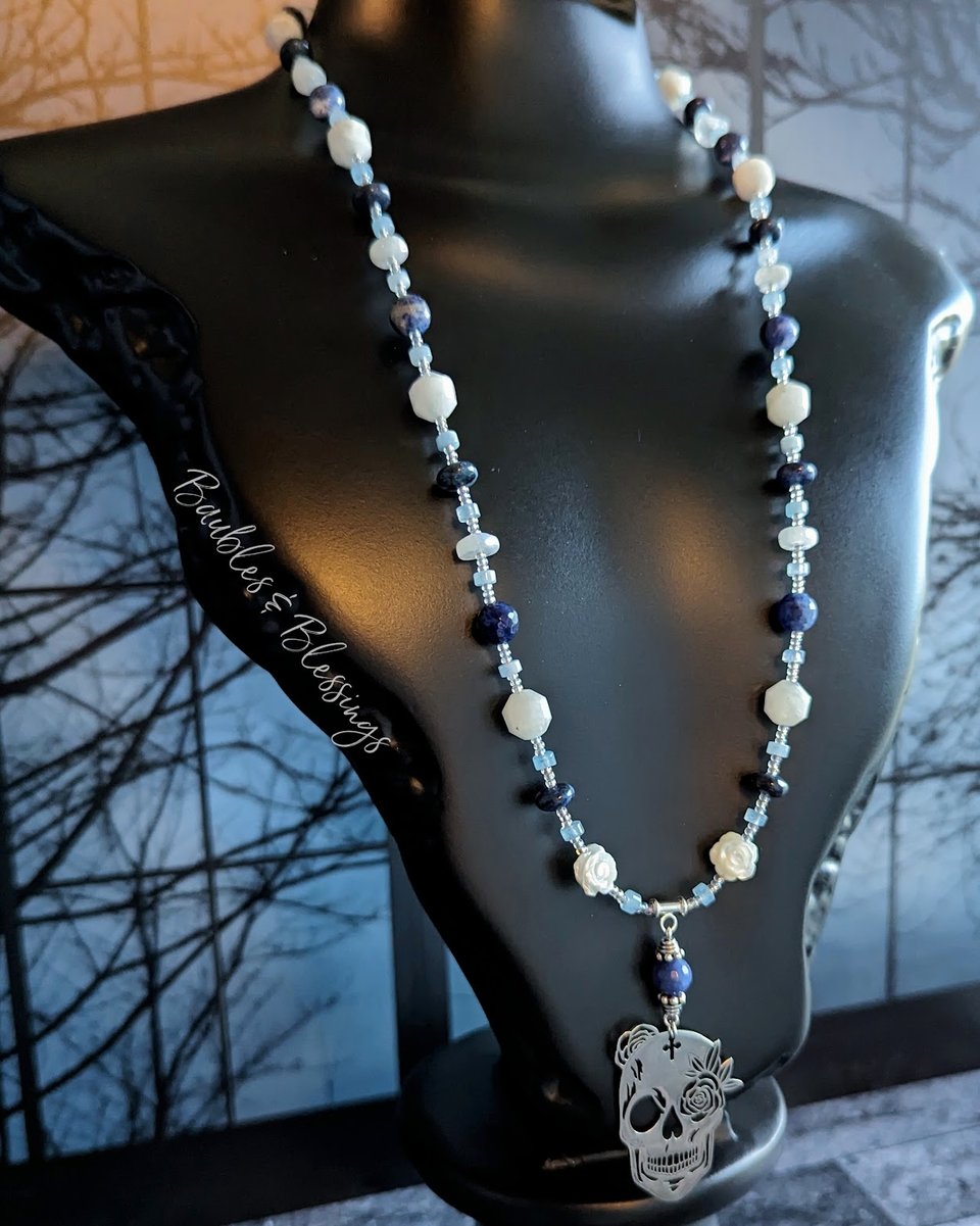 Sugar Skull Necklace with Moonstone & Blue Gemstones