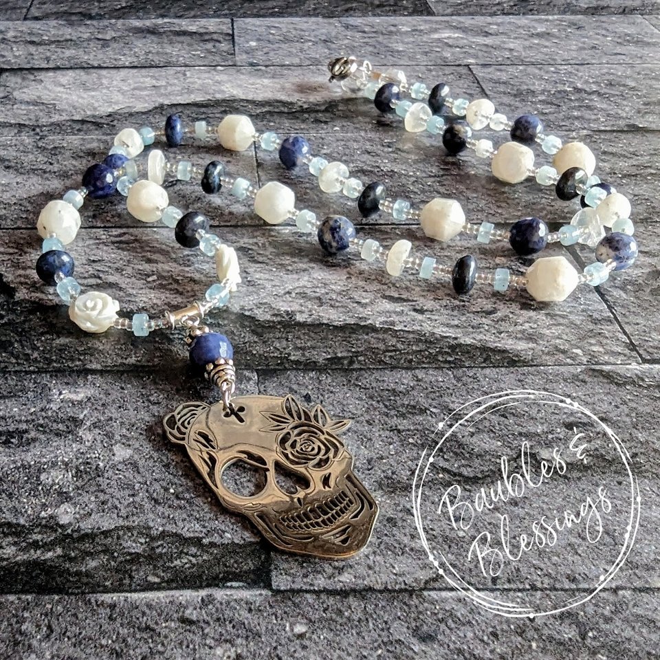 Sugar Skull Necklace with Moonstone & Blue Gemstones