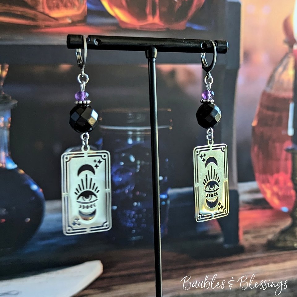 Tarot Card Earrings with Onyx & Amethyst