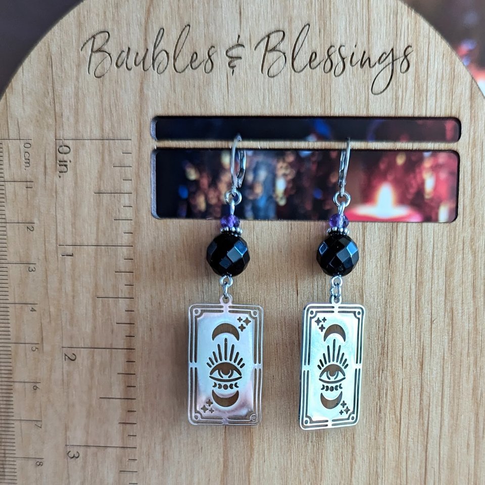 Tarot Card Earrings with Onyx & Amethyst