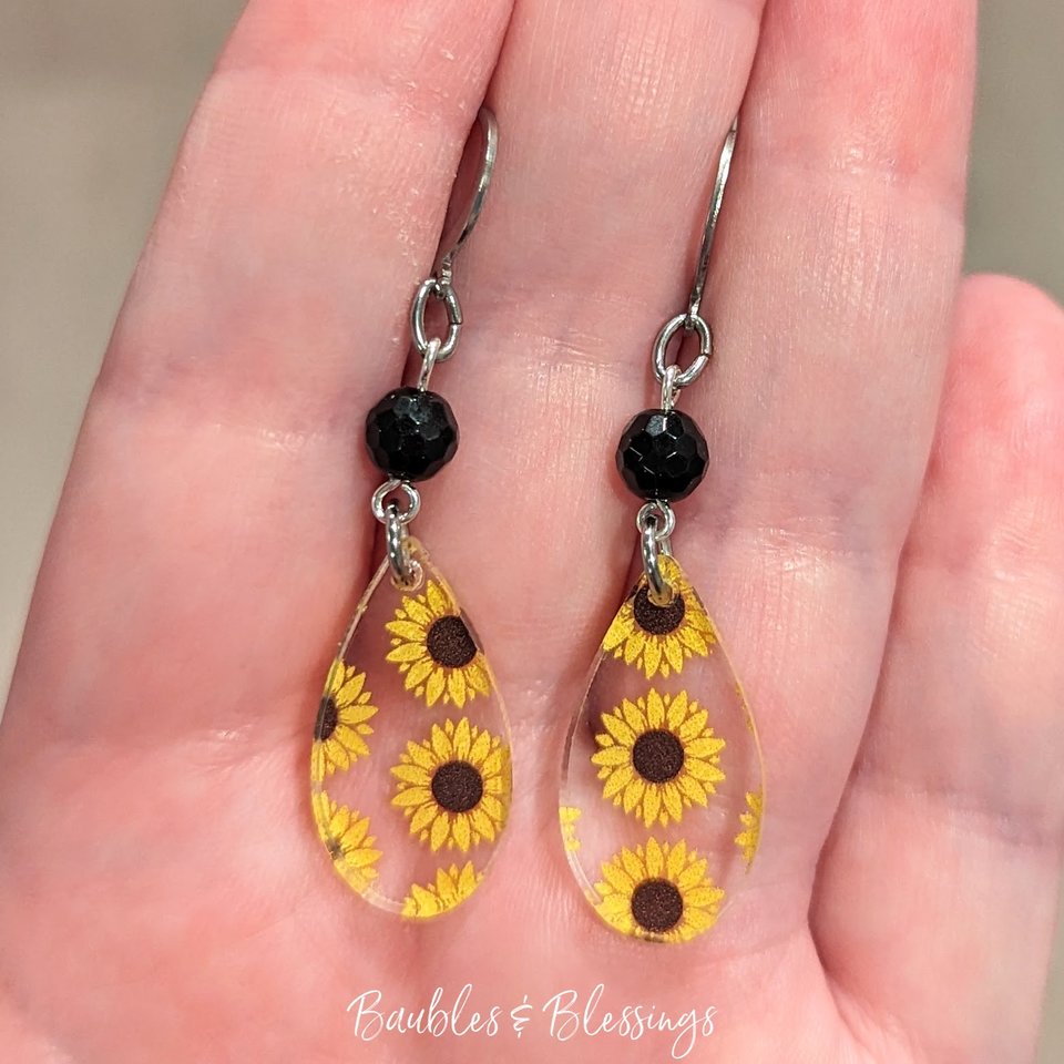 Petite Acrylic Teardrop Earrings with Sunflowers & Onyx