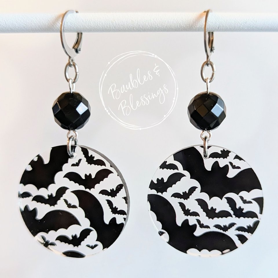 Acrylic Bat Earrings with Czech Glass & Onyx (MTO)