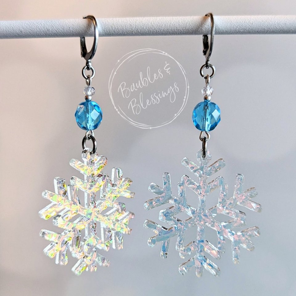 Acrylic Snowflake Earrings with Czech Glass Beads