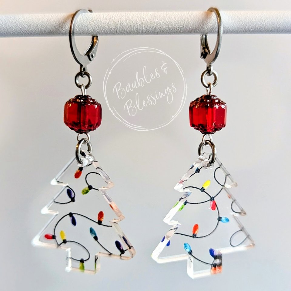 Acrylic Yulemas Tree Earrings with Czech Glass
