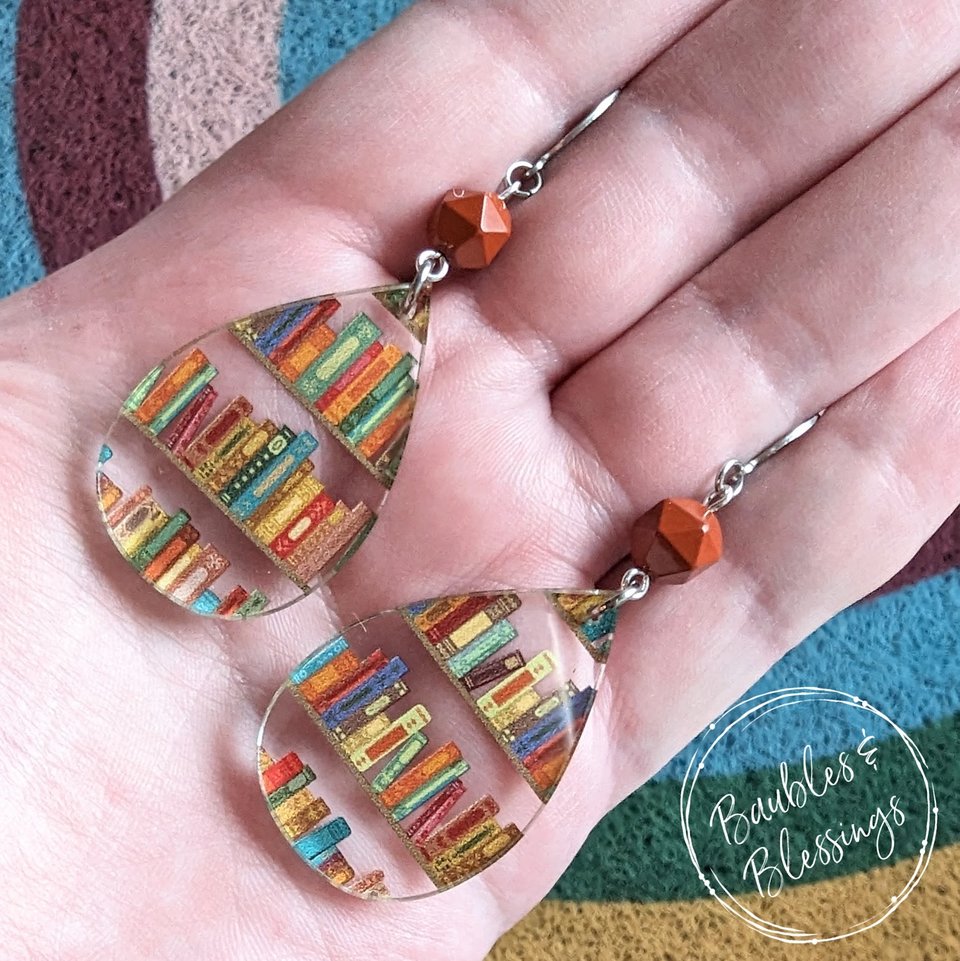 Acrylic Bookshelf Earrings with Faceted Red Jasper