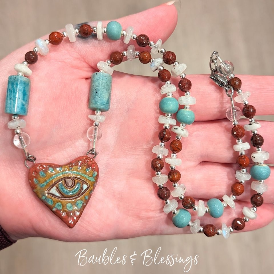 Eye Love You Necklace with Apple Jasper, Amazonite & Moonstone
