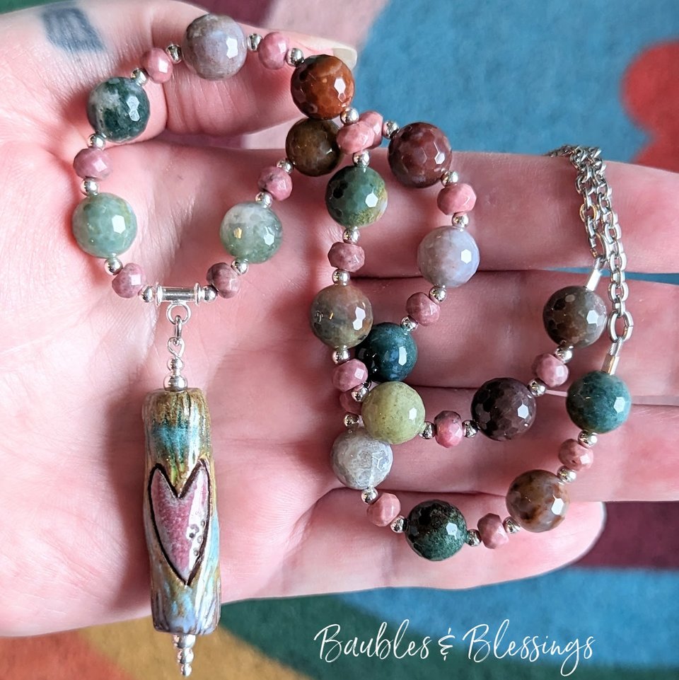 Tree Branch Necklace with Fancy Jasper, Rhodonite & Fidget Pendant