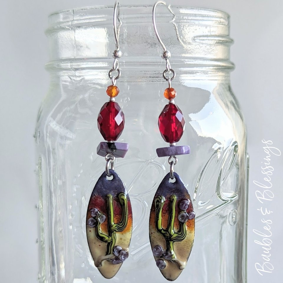 Cactus Earrings with Desert Sunset & Funky Beads